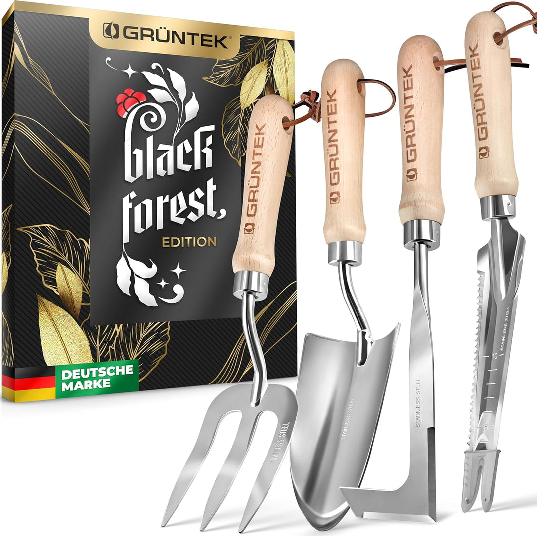 GRÜNTEK 4-TLG Gartenwerkzeug-Set, Premium Gartengeräte, besonders Stabiler Edelstahl, Rutschfester E