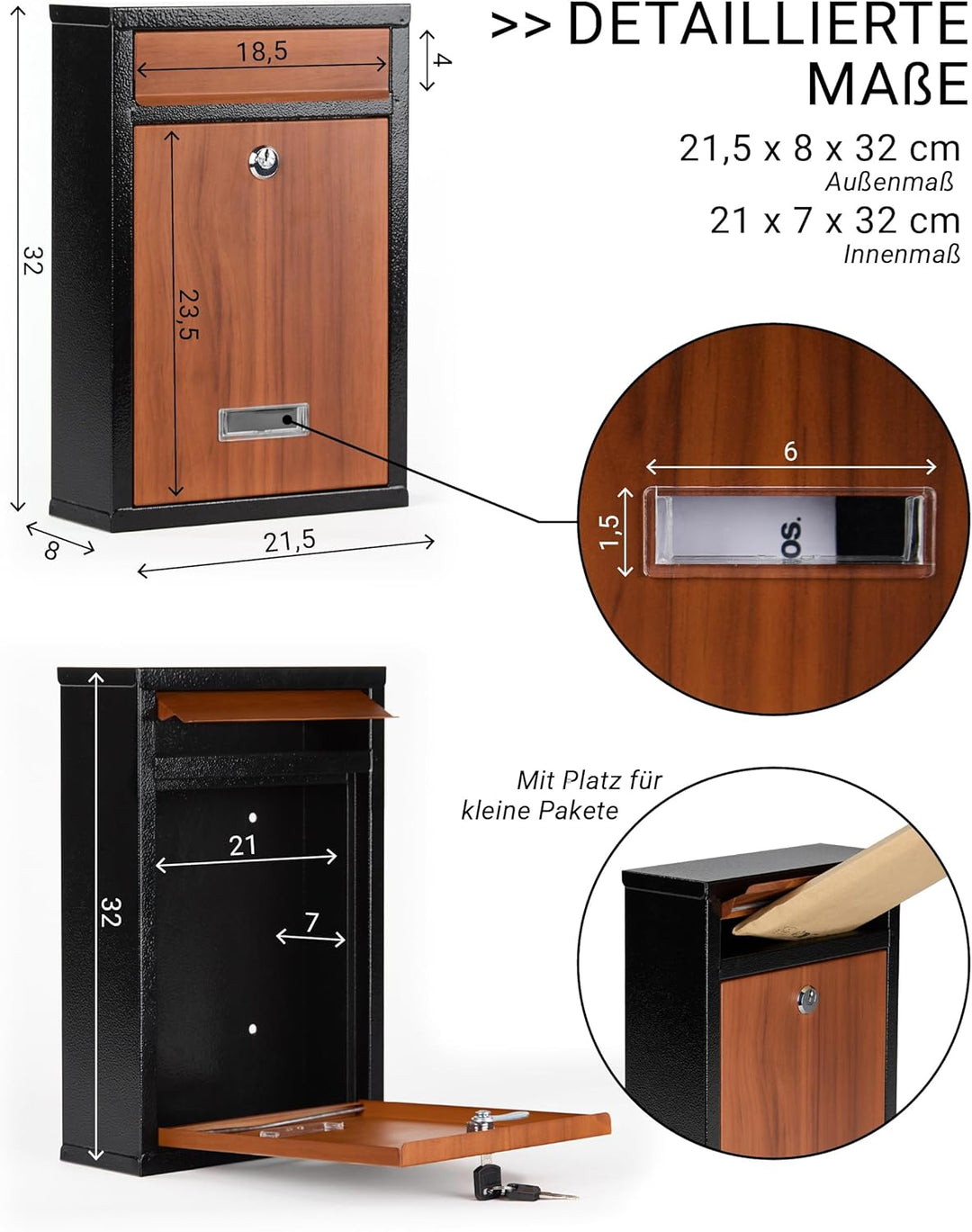 Briefkasten klein personalisiert mit Hausnummer | Verzinkter Stahl in Vintage Holzoptik, wetterfest