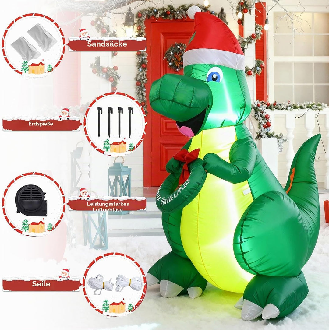 Ycolnaefllr 152 cm Weihnachtsdekoration aufblasbarer Dinosaurier, grüner Dinosaurier mit Weihnachtsm