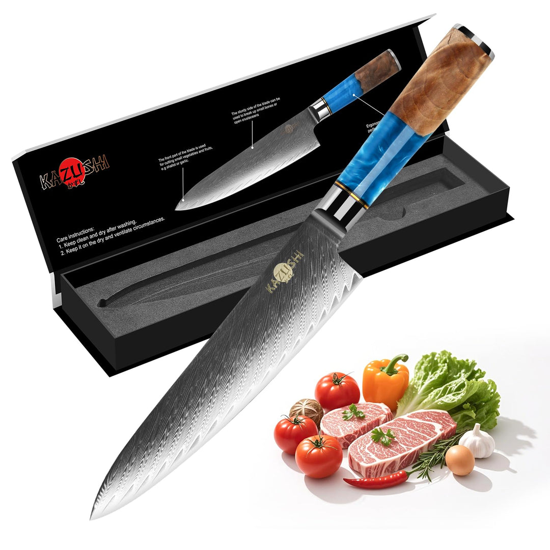 KAZUSHI Kochmesser, Profi Messer, Scharfe Küchenmesser Chefmesser, Klingenlänge 21 cm, Holzgriffe au