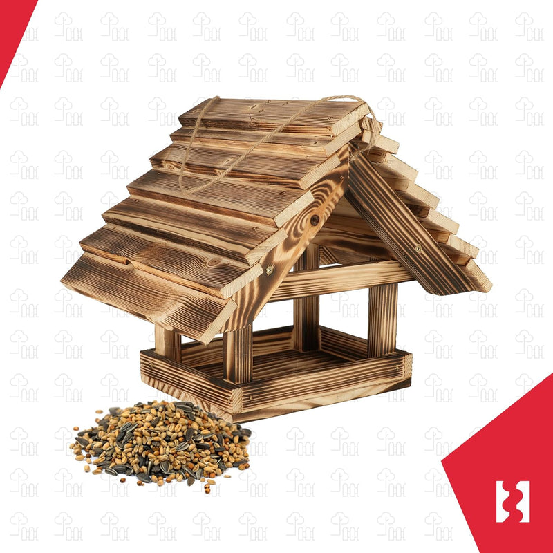 KOTARBAU® Holz-Vogelfutterhaus aus Gebranntem Holz zum Aufhängen + 0,5 kg Futter Gratis