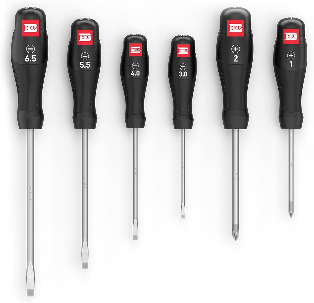 INBUS® 73790 Schraubendreher Set 6tlg, SL3–6.5 & PH1–2, mit HybridTouch & GrayTip 4× SL & 2× PH, 4×