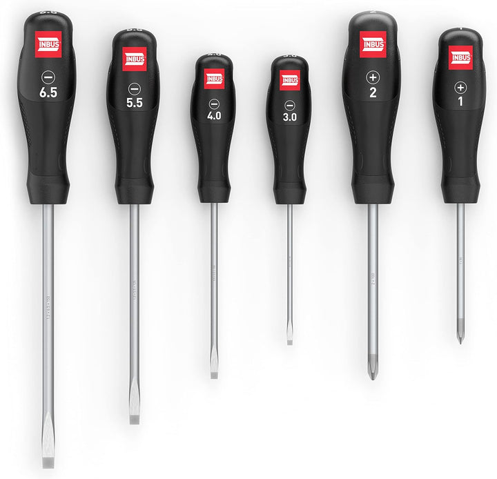 INBUS® 73790 Schraubendreher Set 6tlg, SL3–6.5 & PH1–2, mit HybridTouch & GrayTip 4× SL & 2× PH, 4×
