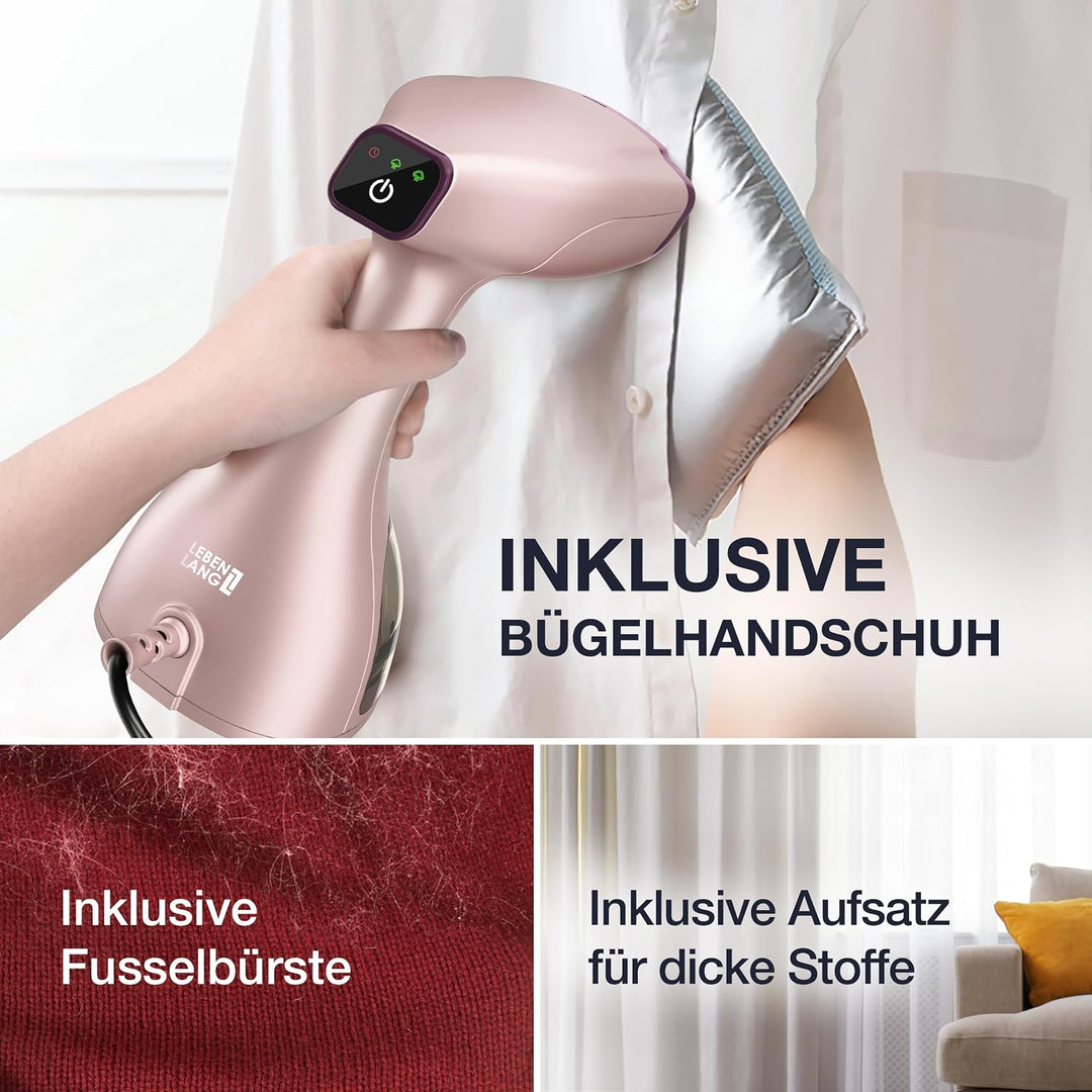 LEBENLANG Steamer Dampfglätter TESTSIEGER - 1500W &amp; 300ml inkl. Bügelhandschuh &amp; Aufsätze I Pro Damp