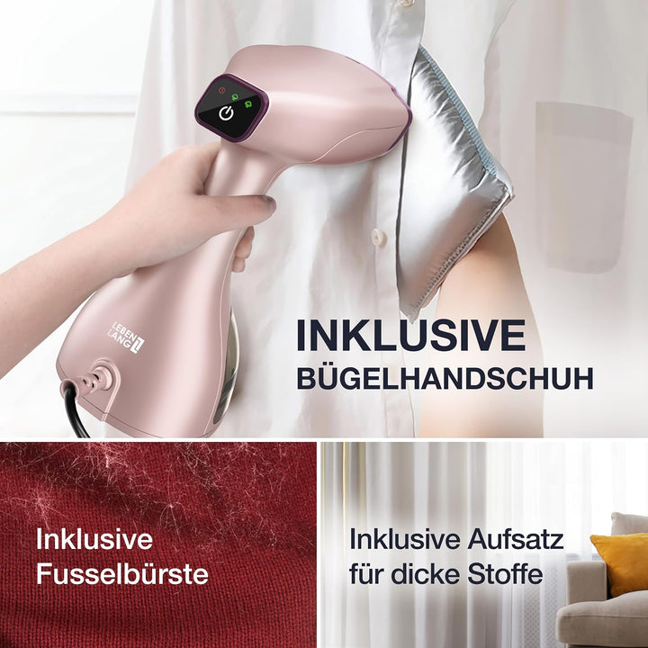 LEBENLANG Steamer Dampfglätter TESTSIEGER - 1500W &amp; 300ml inkl. Bügelhandschuh &amp; Aufsätze I Pro Damp
