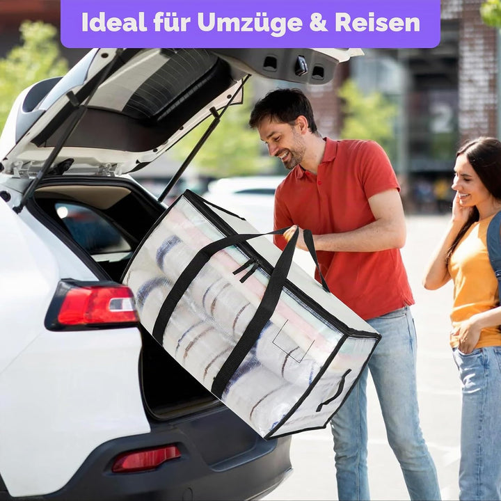 4 Stück 90L Grosse Aufbewahrungstasche mit Deckel, Transparente Umzugskartons Kleiderbox Plastiktasc