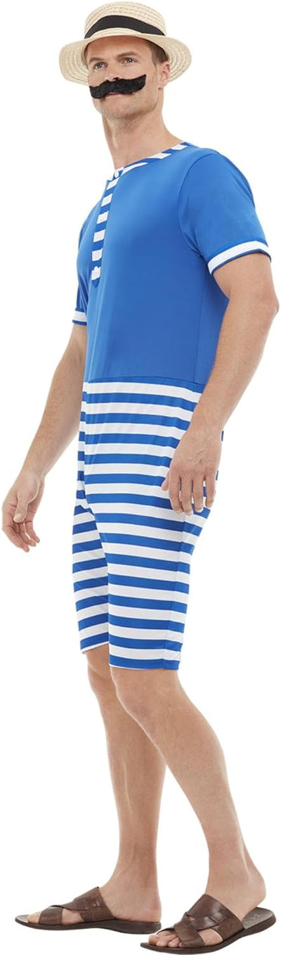 20s Bathing Suit Costume, Blue & White, with Short Jumpsuit, Hat & Moustache (M) 38-40 Blau, 38-40 B