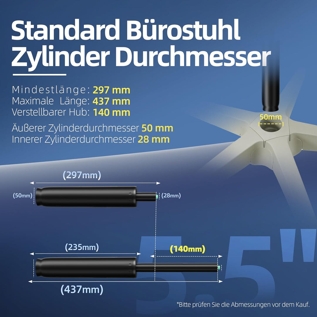 Mastery Mart Gasdruckfeder Bürostuhl Ersatzteile, 315mm - 455mm Gasfeder für Bürostuhl, 152mm Reisel