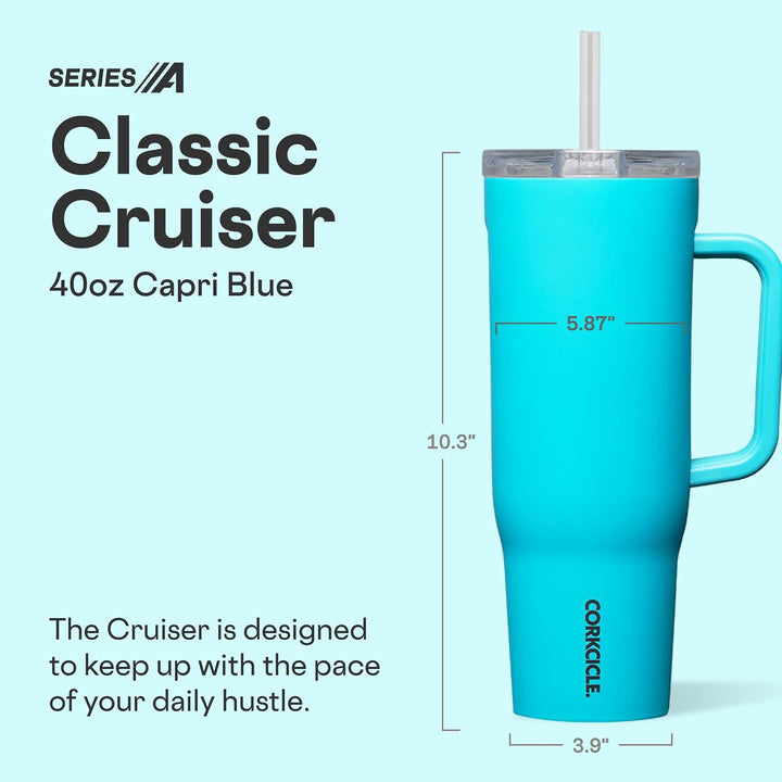 Corkcicle Cruiser Isolierter Becher mit Griff und Strohhalm, Capriblau, 1,2 l, wiederverwendbare Was