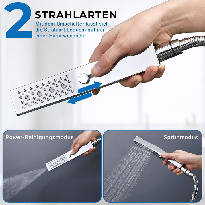quadratischer Handbrause-Duschkopf aus Vollmetall mit 2 Funktionen, seitlichem Druckschalter für ein