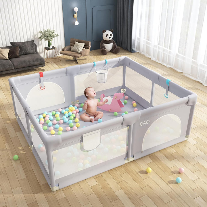 EAQ Baby Laufstall 150x180cm Laufgitter Sicherheitsspielplatz mit superweichem, atmungsaktivem Netz,