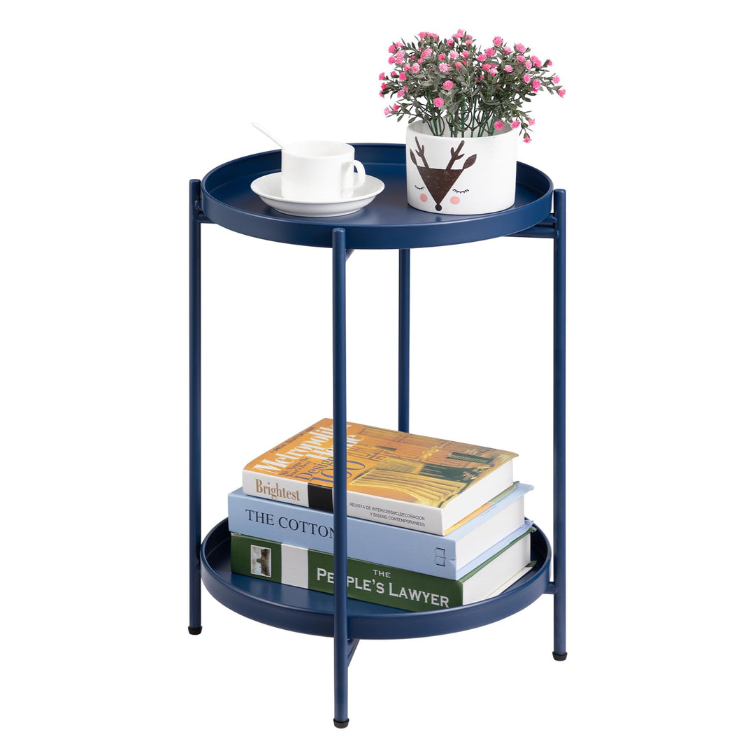HollyHOME Runder Beistelltisch, 2 Ebenen Beistelltisch Metalltablett, Snacktisch, Couchtisch, Teetis