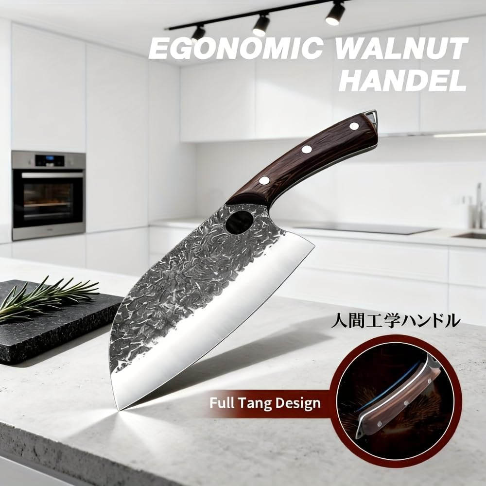 3-Piece Hand-Forged Kitchen Knife Set with Leather Sheaths - Sharp Chef, Cleaver &amp; Boning Knives for