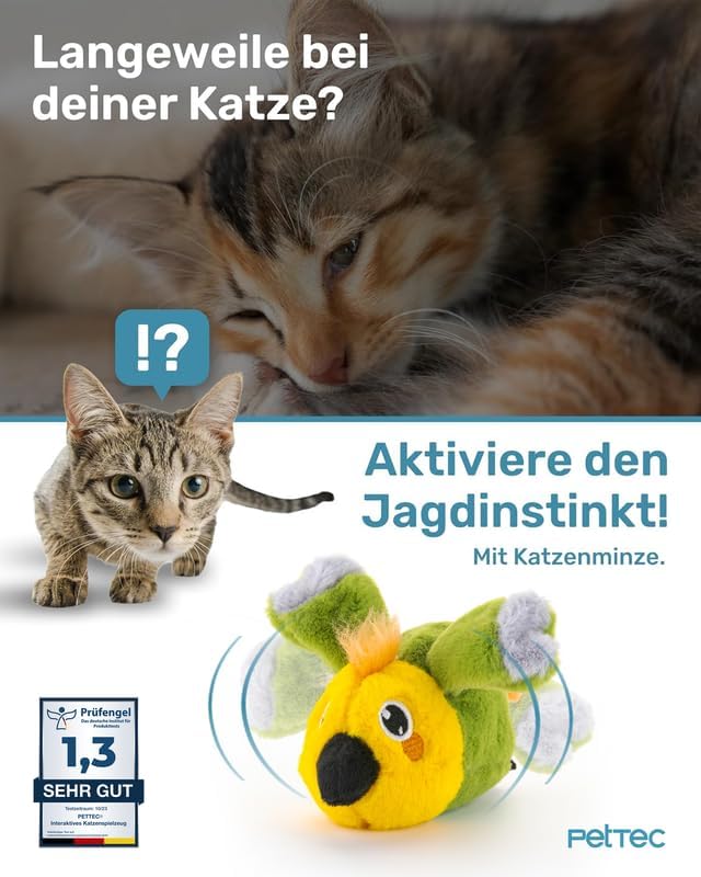 PetTec - Plush Toy Papagei Katzenspielzeug interaktiv zur Selbstbeschäftigung - Plüschtier Katze bew