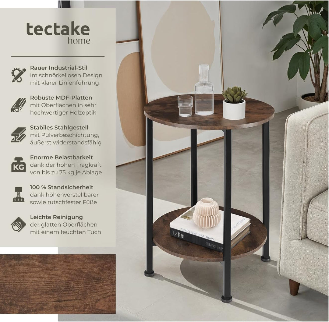 tectake Beistelltisch rund aus Holz und Metall, Industrie-Design, Couchtisch mit 2 Ablagen, für Wohn