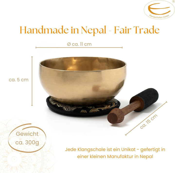 Tibetische Klangschale I ca. 300 g I für Meditation, Yoga, Achtsamkeit I Inkl. Klöppel/Pad I Handges