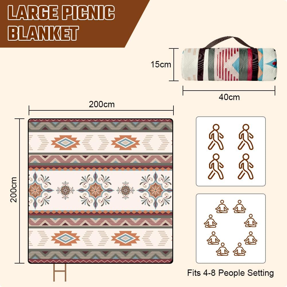 AUAUY Picknickdecke Boho Wasserdicht, 200x200cm, mit Tragegurt, Blau | Maschinenwaschbar Faltbar Str