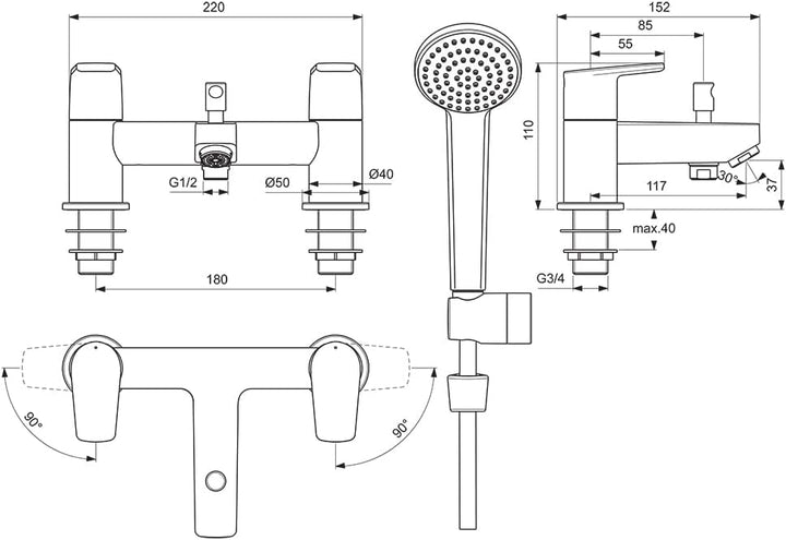 Ideal Standard BC695AA Cerafin D Wannenmischer/Duscharmatur, Chrome, Dual Control Bath Shower Mixer,