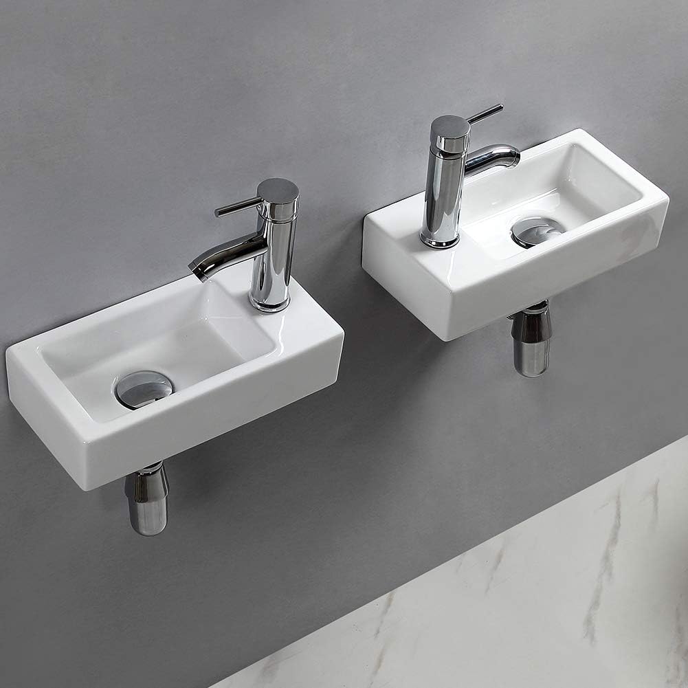 Waschbecken mit Wandaufhängung, klein, rechteckig, Keramik, linke Hand
