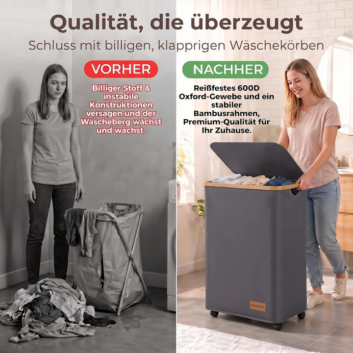 HomyFeel - Wäschekorb 3 Fächer rollbar, 160L Wäschesammler mit Deckel, Wäschesortierer gross, Oxford