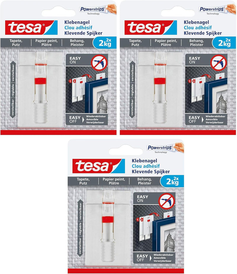 tesa Verstellbarer Klebenagel (für Tapeten und Putz 2 kg, Höhenverstellbarer, selbstklebender Wandna