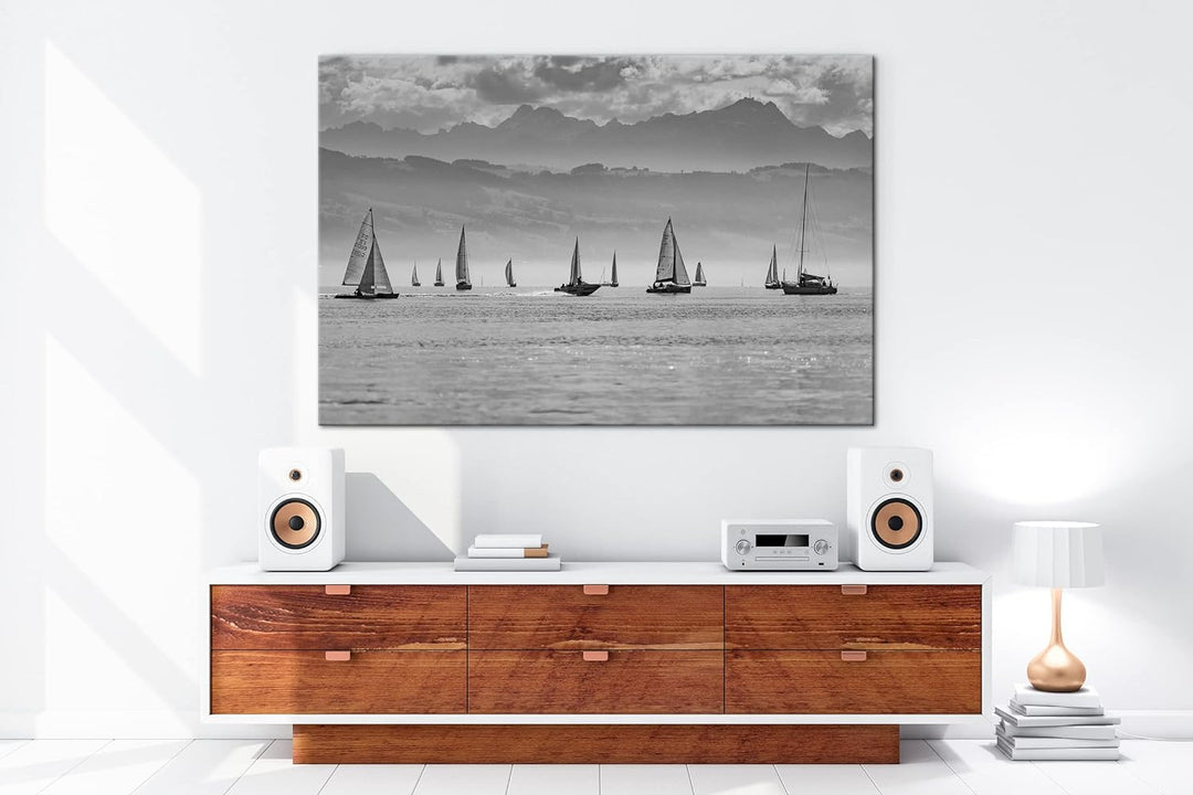 deyoli Meer voller Segelboote Format: 80x60 als Leinwand, Effekt: Schwarz&Weiss, Motiv fertig gerahm
