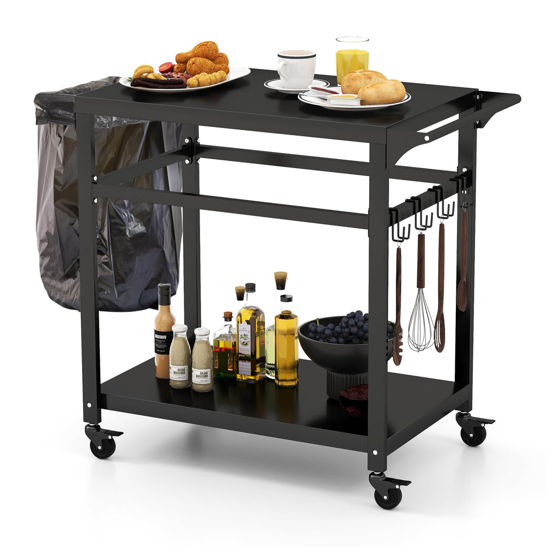 KOMFOTTEU Servierwagen Grillwagen Metall, Garten Rollwagen mit Arbeitstisch, 2 Ablagen & Haken, Gril