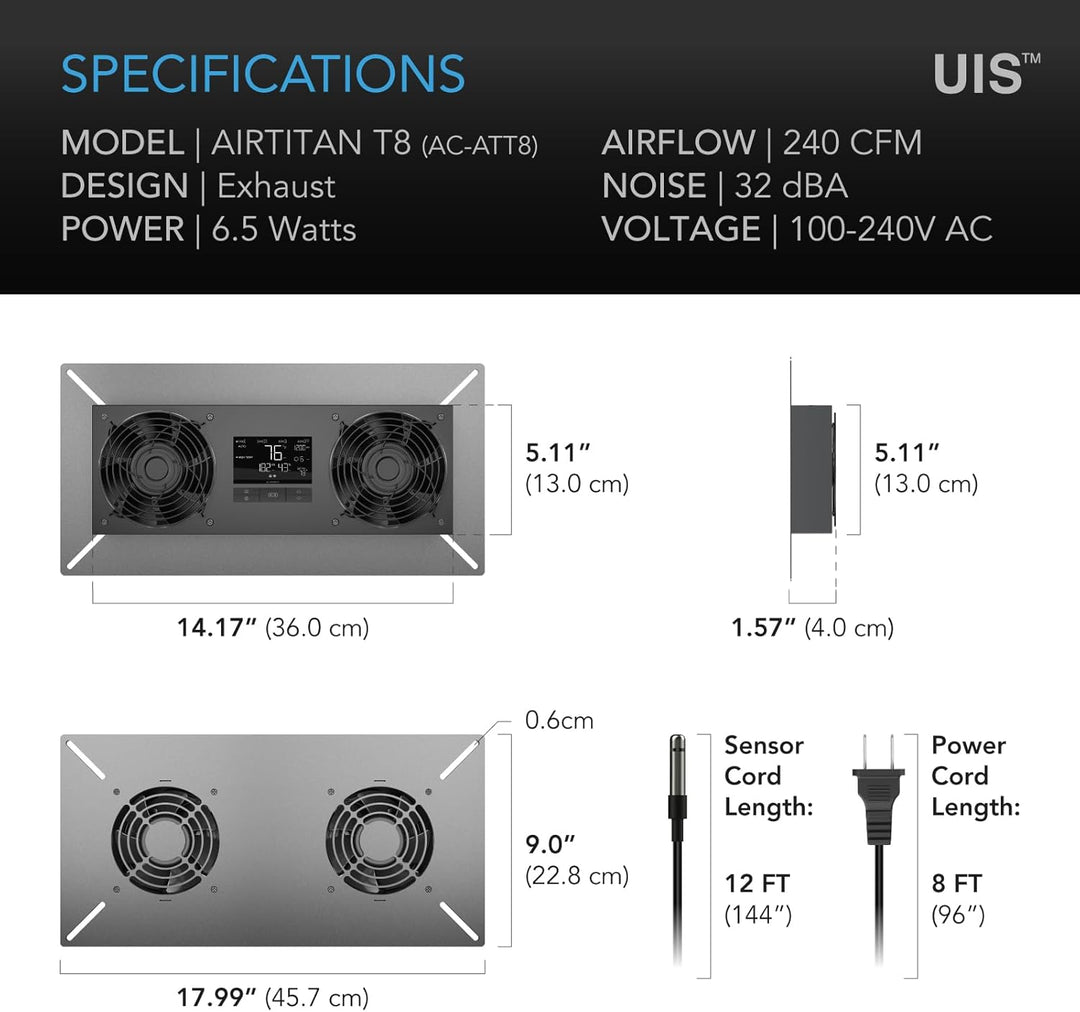 AC Infinity AIRTITAN T8, Ventilator für Kriechkeller, mit WiFi-App-kompatiblem Temperatur-Feuchtigke