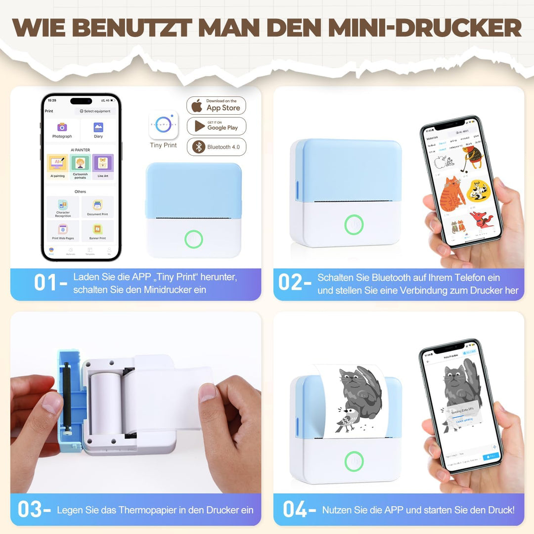 PRAOAHEI Mini Drucker, Tragbarer Thermodrucker mit 10 Rollen Druckerpapier | Bluetooth Etikettendruc
