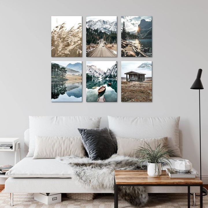 Novart Set Wandbilder - KEIN EXTRA RAMEN BENÖTIGT - Wohnzimmer Schlafzimmer - Bilder Modern See Berg