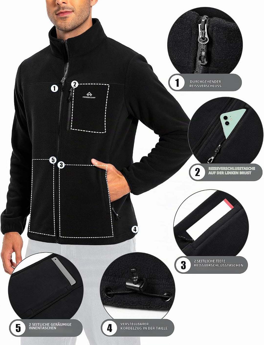 Pioneer Camp Herren Fleecejacke Full Zip Outdoor Polar Leicht Winddicht Jacke mit Reissverschluss L