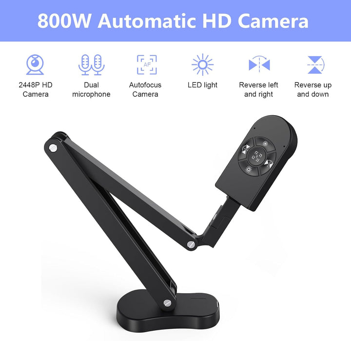 8MP Dokumentenkamera & Webcam 4K, 2448P Visualizer, Vorlagen bis A3 mit 3-Stufen-LED-Licht, Bildumke