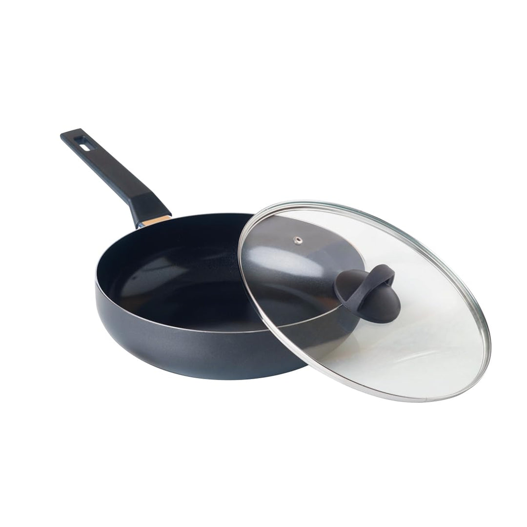 QDESIGN BLACK+ Pfanne aus Aluminium mit Antihaftbeschichtung, kratzfest, PFOA-frei, mit Glasdeckel -