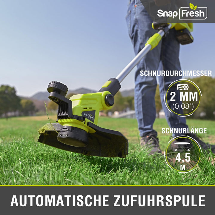 SnapFresh Akku-Rasentrimmer 20V Freischneider (mit Akku und Ladegerät, Schneller Fadenwechsel, 30.5c