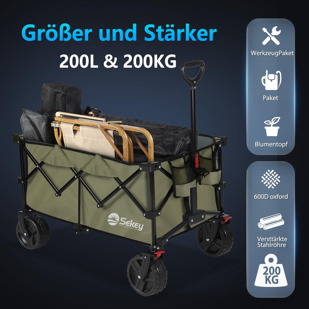 Sekey XXL Plus Bollerwagen Faltbar mit Bremsen 200L 200KG Belastbar, Extra Breite Reifen All Terrain