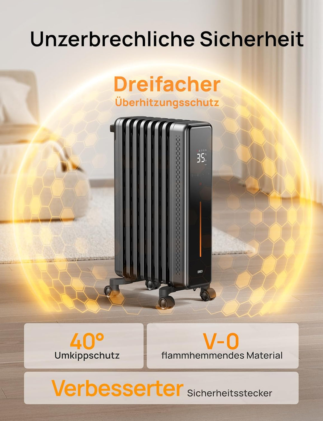 Dreo Ölradiator Energiesparend, 2000W Elektroheizung mit 9 Rippen, 3 Heizstufen, 4 Modi, 24h Timer,