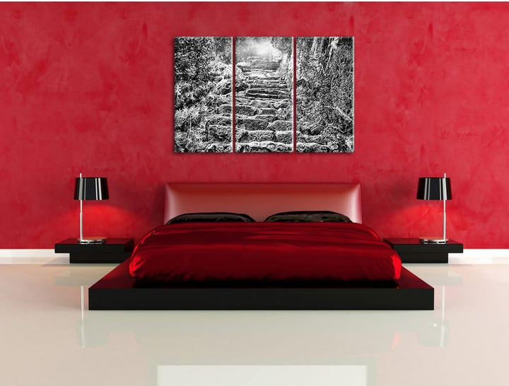 Pixxprint Schöne alte Steintreppe als Leinwandbild/Grösse: 3 Teilig (120x80) cm/Wandbild/Kunstdruck/