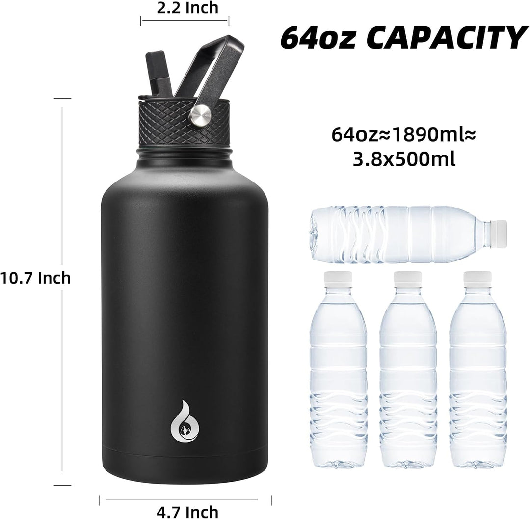 BJPKPK Halber Gallone Isolierte Trinkflasche mit Strohhalm-Deckel, 1.9L Grosse Edelstahl Flasche mit