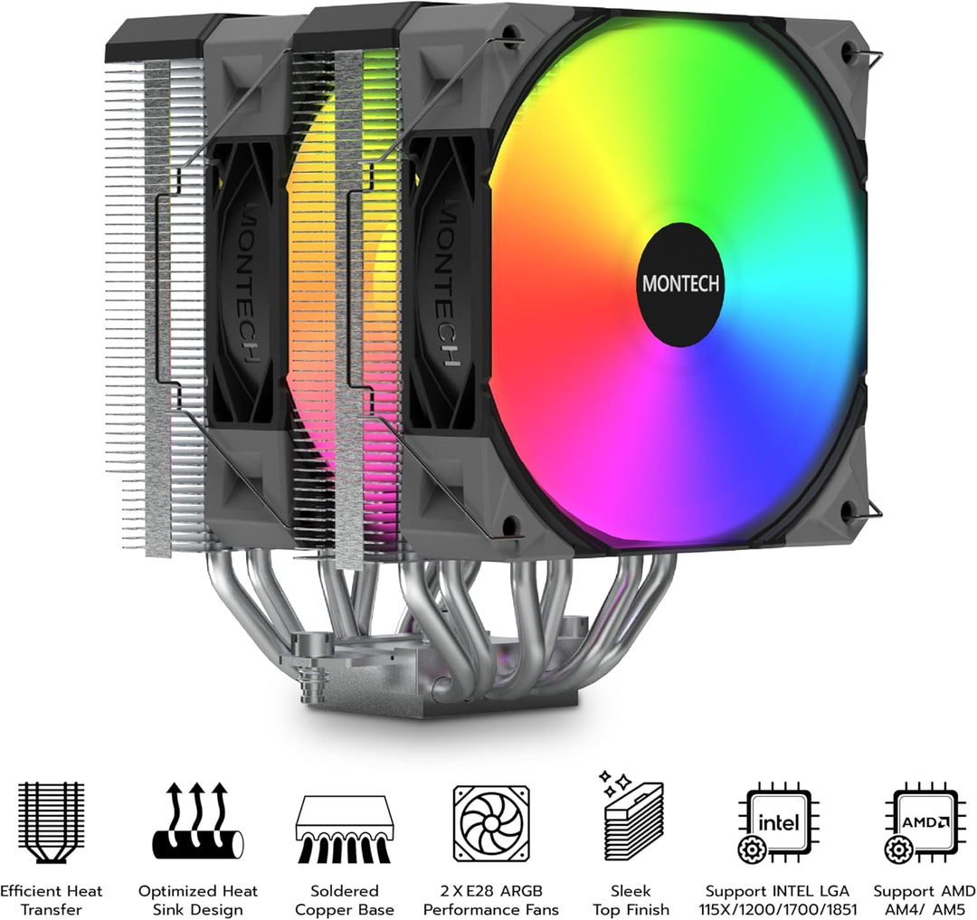MONTECH NX600 ARGB Dual-Tower CPU-Luftkühler mit 6 Heatpipes und Premium-Oberabdeckung, 28 mm E28 AR