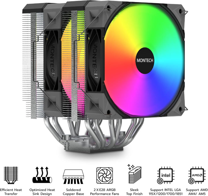 MONTECH NX600 ARGB Dual-Tower CPU-Luftkühler mit 6 Heatpipes und Premium-Oberabdeckung, 28 mm E28 AR