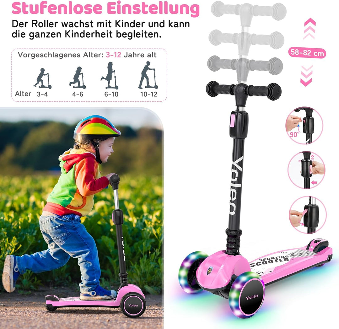 YOLEO Kinderoller Kinderscooter Dreiradscooter mit LED Räder, 2-Rädern Hinterbremsen,4 Höhenverstell