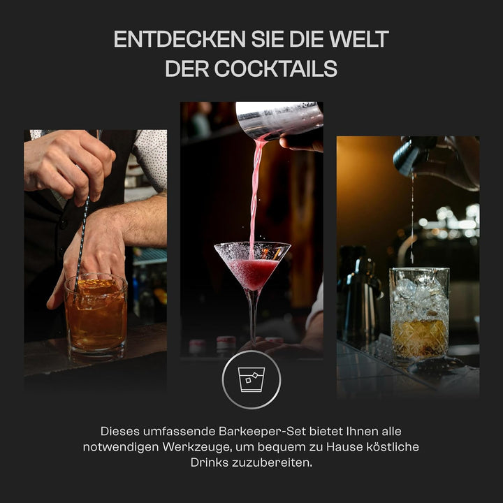 Whiskey Rocks 10-er Edelstahl Cocktail Set mit Bambusständer - Barkeeper Set mit Metall Shaker, Jigg