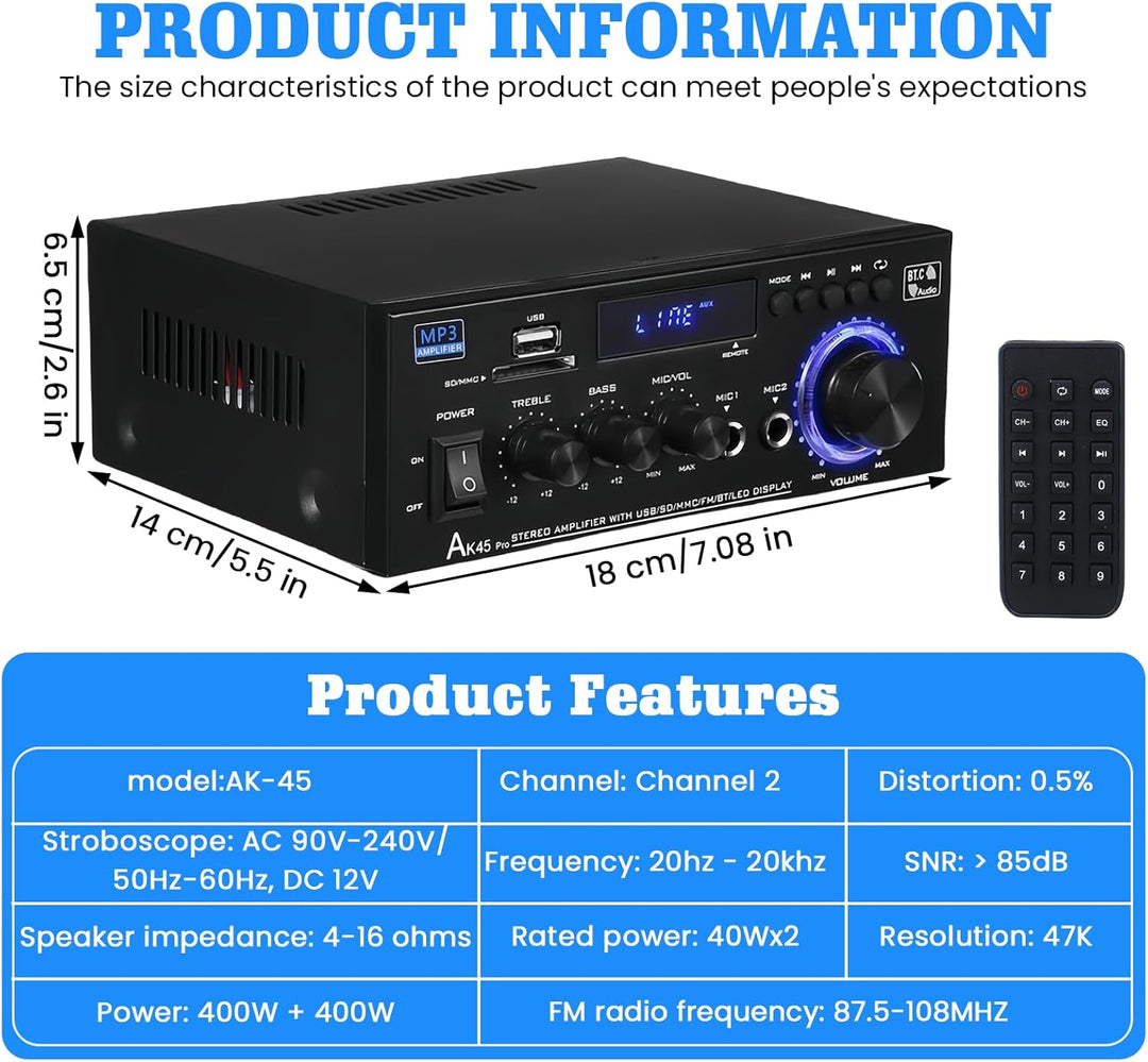 AK45 HiFi Verstärker Mini Stereo Bluetooth Radio Audio Verstärker Receiver, 12V/ 240V 2.0 Kanäle 40W