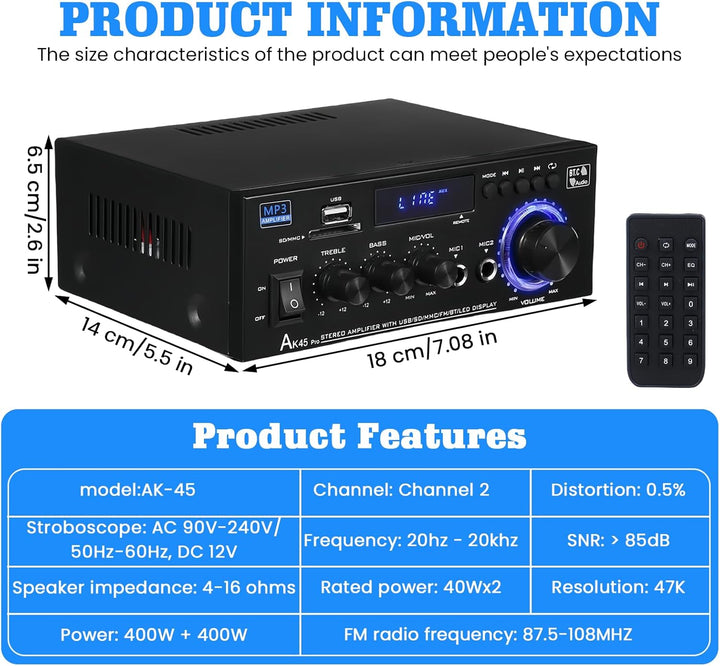 AK45 HiFi Verstärker Mini Stereo Bluetooth Radio Audio Verstärker Receiver, 12V/ 240V 2.0 Kanäle 40W