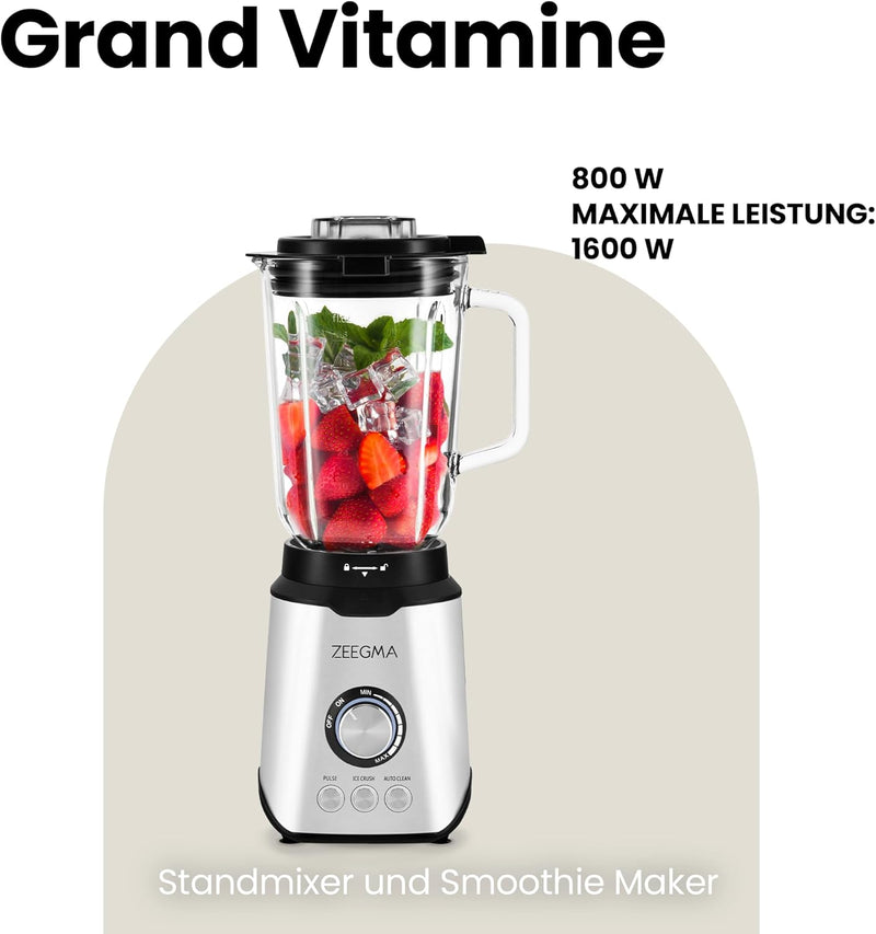 ZEEGMA Grand Vitamine Multifunktions-Standmixer 1600 W, Standmixer mit 1,7 l Glasbehälter, drei Auto