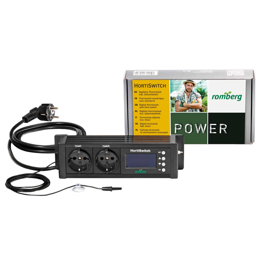 Romberg Thermostat HortiSwitch | digital gesteuertes Thermostat mit Timer | Temperatursensor | 2 Ste