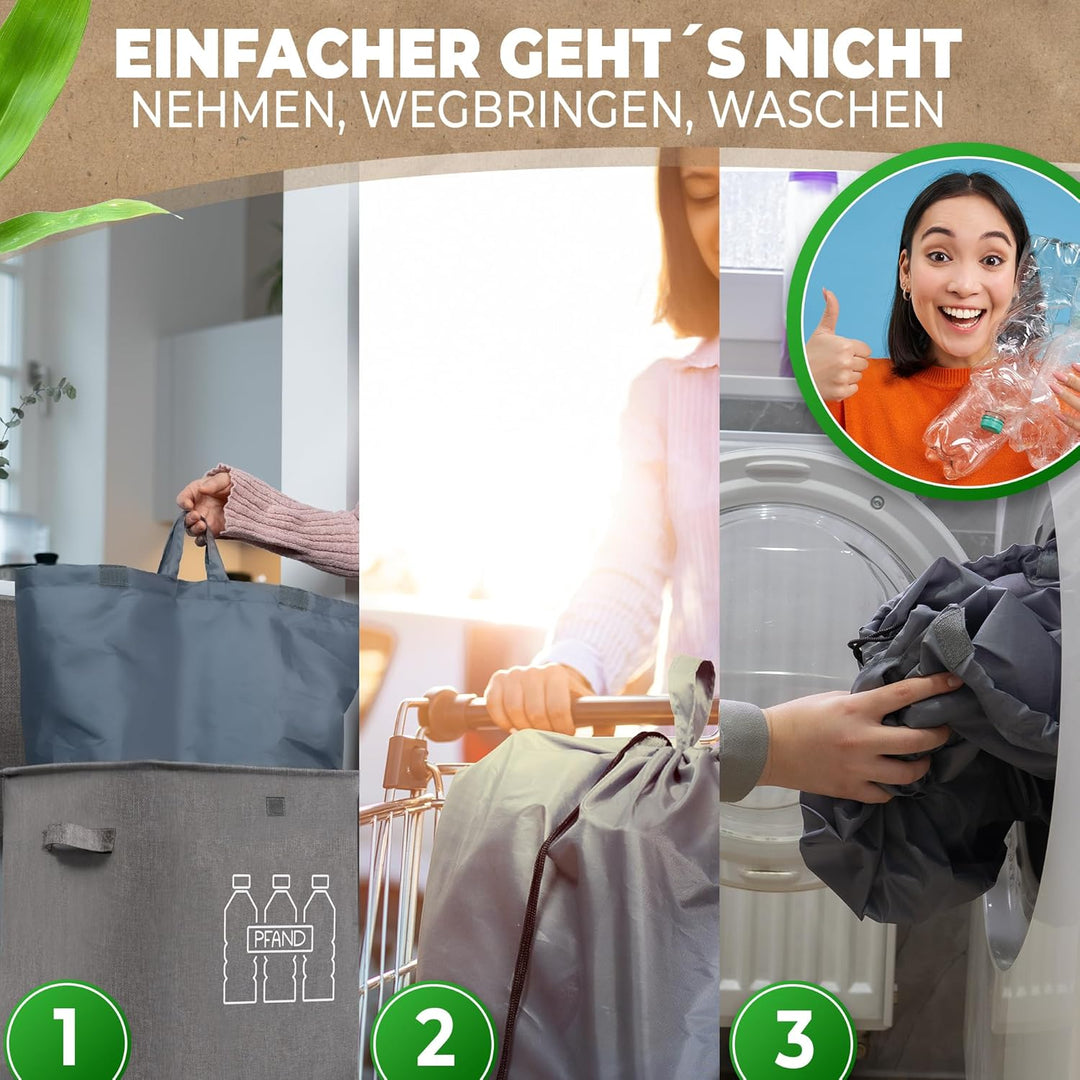 COTTARA® Pfandflaschen Sammelbehälter xxl mit Deckel und Tragetasche | Pfandbehälter mit Loch | Idea