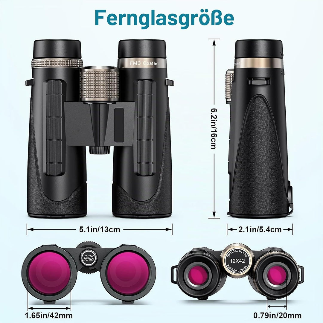 Fernglas 12x42, Magnesium Fernglas mit Nitrogenfüllung und wasserdicht, BAK4 HD Prisma + FMC Objekti