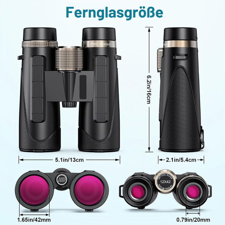 Fernglas 12x42, Magnesium Fernglas mit Nitrogenfüllung und wasserdicht, BAK4 HD Prisma + FMC Objekti