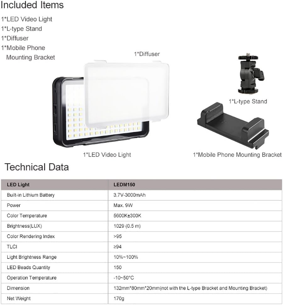 Godox LEDM150 LED-Videoleuchte, LED Video Light 5600K Dimmbare, TLCI 94+ und Lithium Batterie für Sm